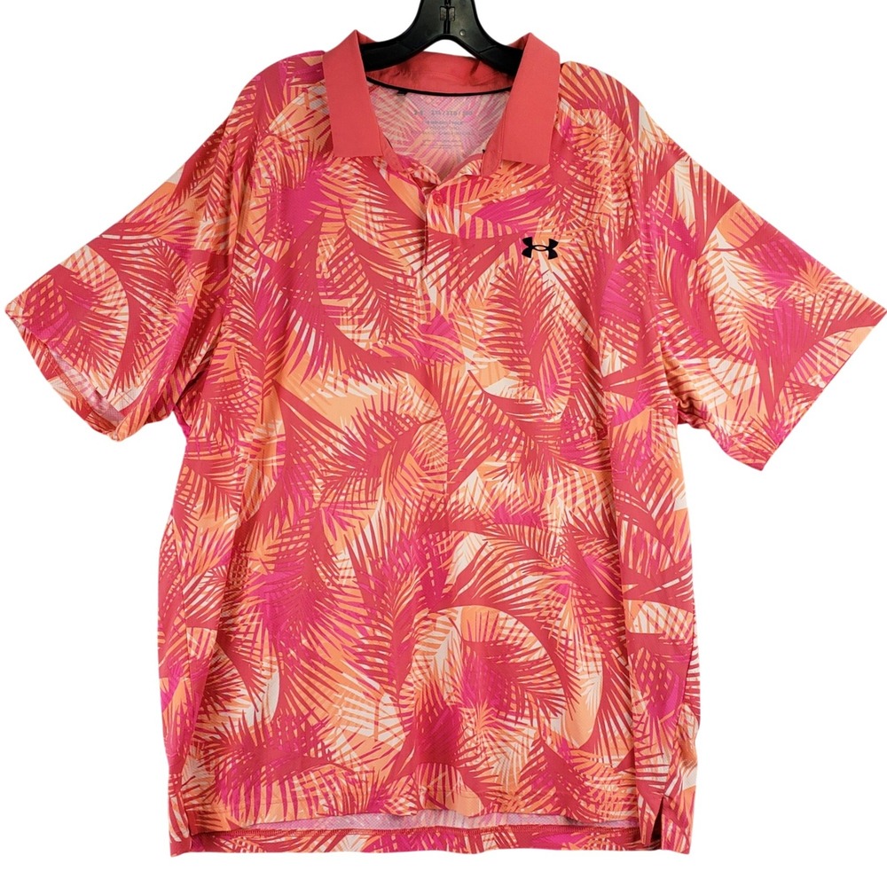 Under Armour Iso-Chill Polo Mens 2XL Pink Tropical Palm Golf Sport